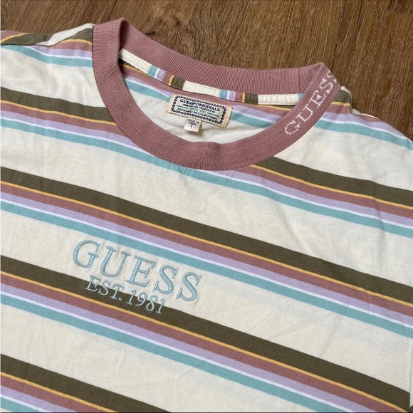 VINTAGE Guess Shirt Adult X-Large Blue Pink Stripes Spell Out Logo ASAP Mens 90s - Picture 2 of 5